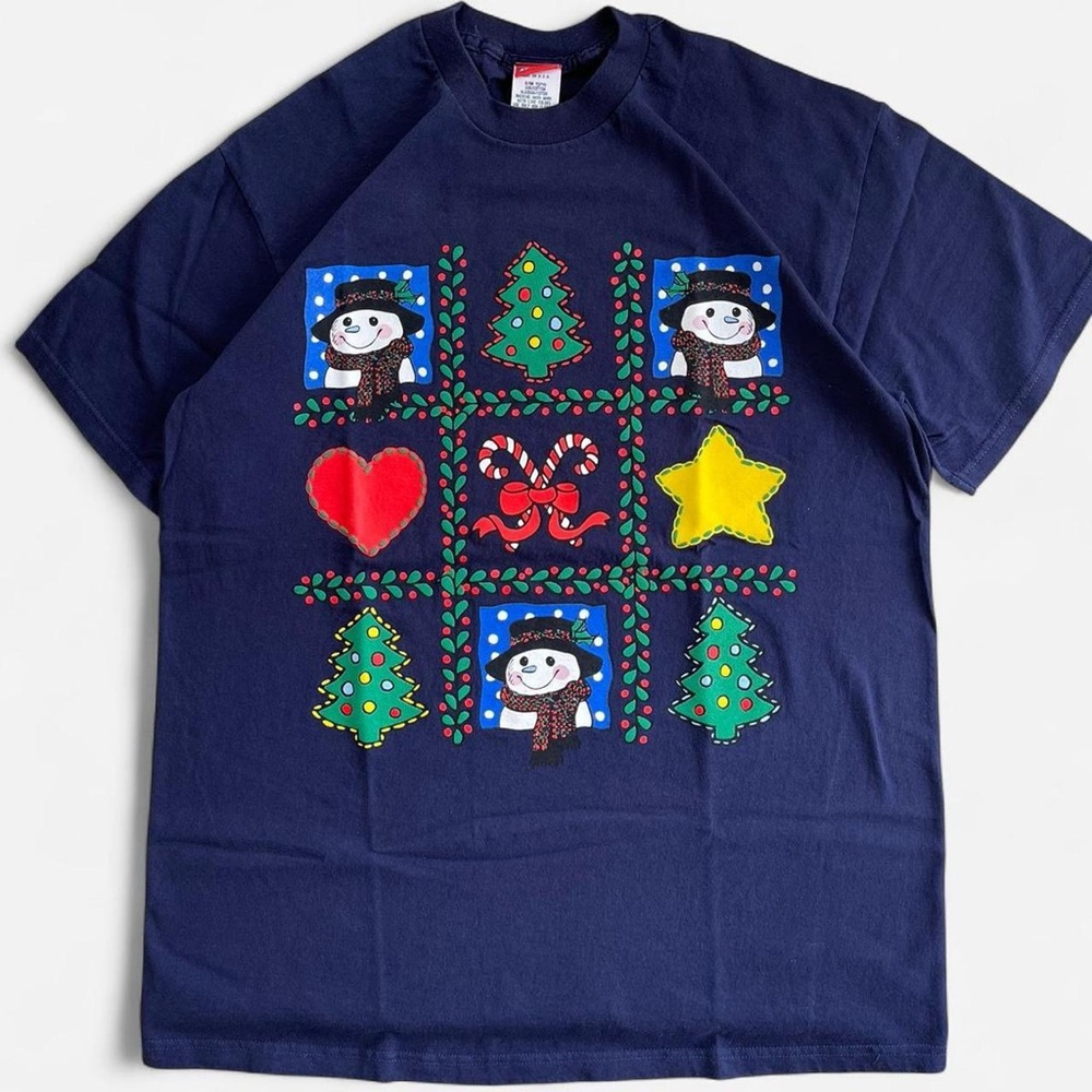 Vintage Snowden Navy Blue Cotton Puffy Paint Snowman Christmas Holiday T-Shirt